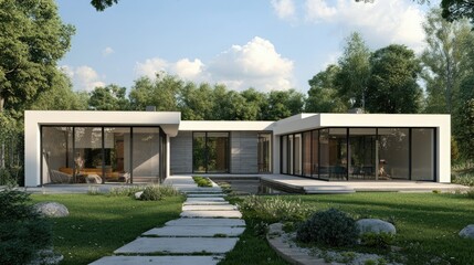 Fototapeta premium A contemporary L-shaped home with white-gray walls, long glass windows, and a landscaped garden reflecting elegance and simplicity