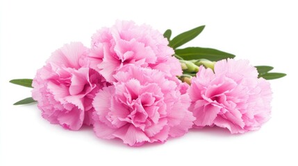 Fresh pink carnation flowers arranged with green leaves on a clean white background for floral design and decoration themes
