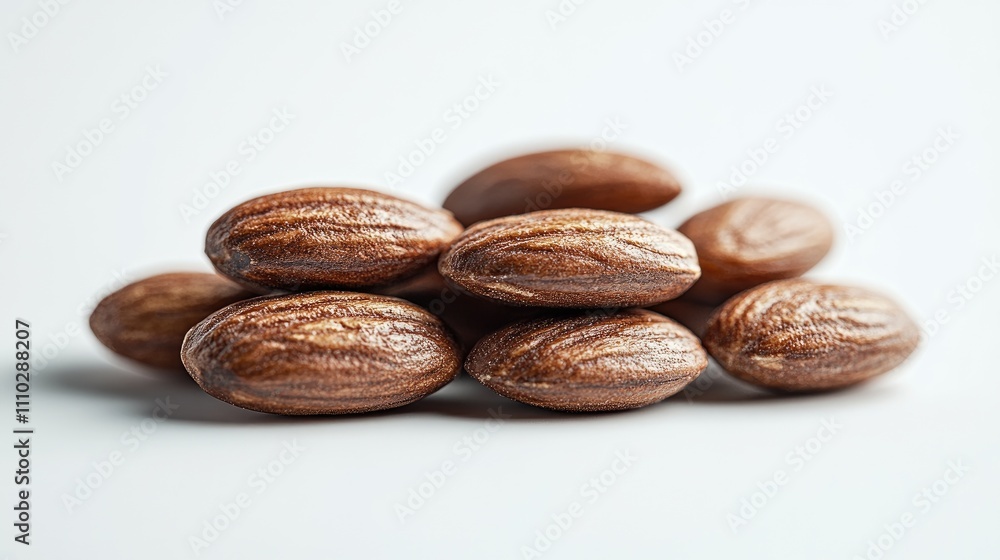 Poster roasted almonds piled on a white background capturing natural texture and color in a minimalistic se