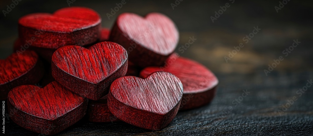 Poster red wooden hearts stacked on a dark textured surface creating a romantic backdrop with space for you