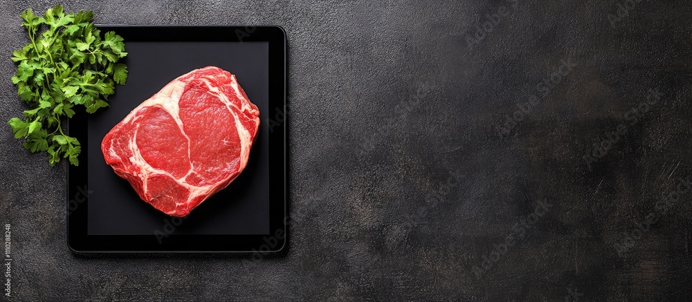 Poster fresh raw meat displayed on a digital tablet with a sprig of cilantro adding a touch of freshness on