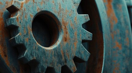 Closeup of an old rusty steel gear showcasing textures and details from industrial machinery and age-related wear