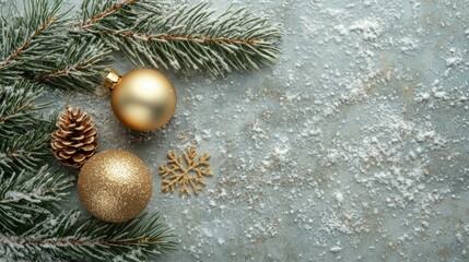 A serene minimalist Christmas flat lay featuring pine branches, gold ornament, and snowflakes on a clean background