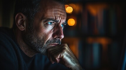 A thoughtful man gazes intently at a computer screen in a dimly lit room.