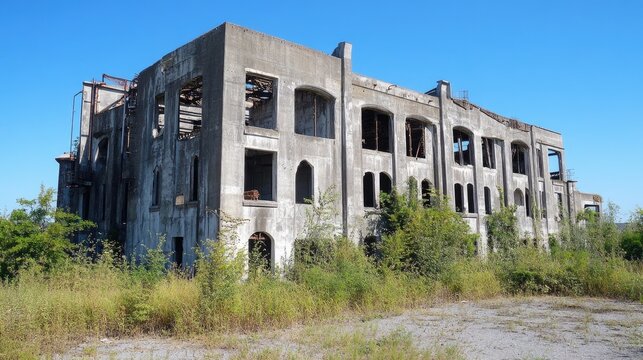 Abandoned concrete factory surrounded by overgrown foliage against a clear blue sky showcasing urban decay and nature's reclamation