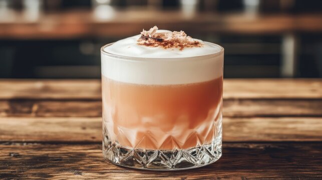 Refreshing sour cocktail with frothy foam served in an elegant glass against a rustic wooden backdrop ideal for beverage promotions