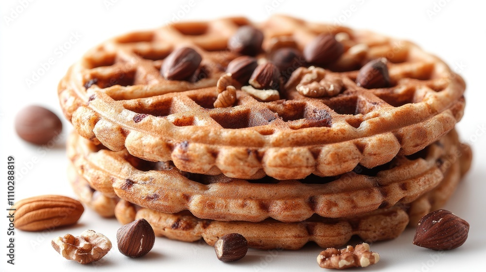 Poster delicious round waffles topped with assorted nuts stacked neatly on a clean white background for a d