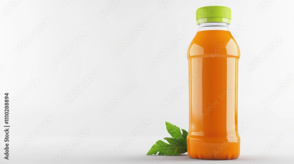 Poster refreshing carrot juice bottle with vibrant orange color and green cap on a neutral background showc