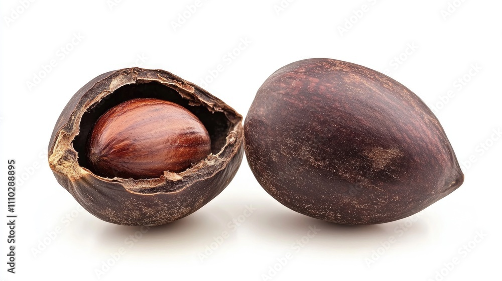 Poster pecan nut in shell with one delicious nut displayed on white background showcasing natural textures 