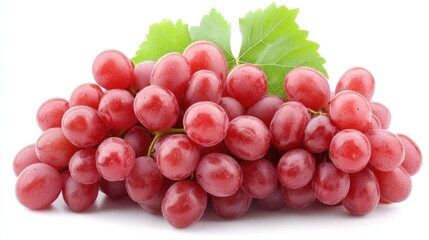 Fototapeta premium Fresh ripe red grapes with green leaves isolated on white background showcasing vibrant colors and natural textures of the fruit.