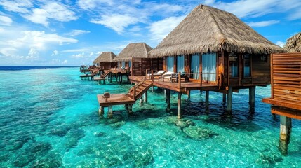 A luxurious beach resort with crystal-clear waters, cabanas, and exclusive services for guests.