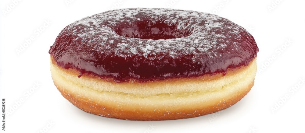Poster delicious krapfen doughnut with raspberry filling and powdered sugar topping on white background