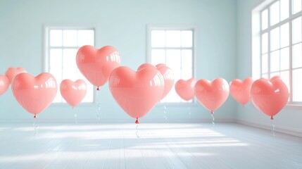 Heart-shaped balloons in a bright room.
