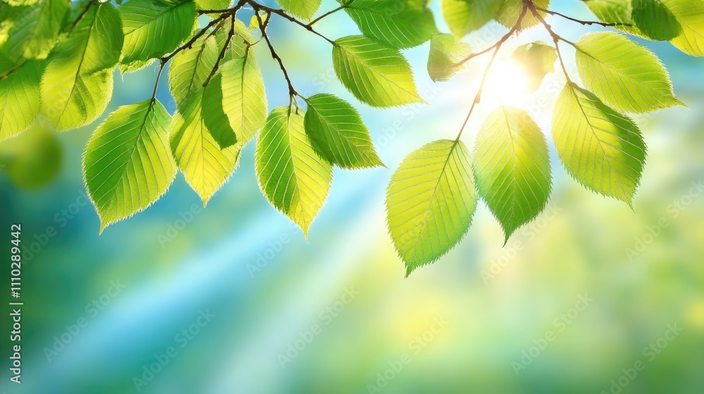 Aufkleber sunlight filtering through green elm leaves creating a serene summer atmosphere with radiant bokeh a