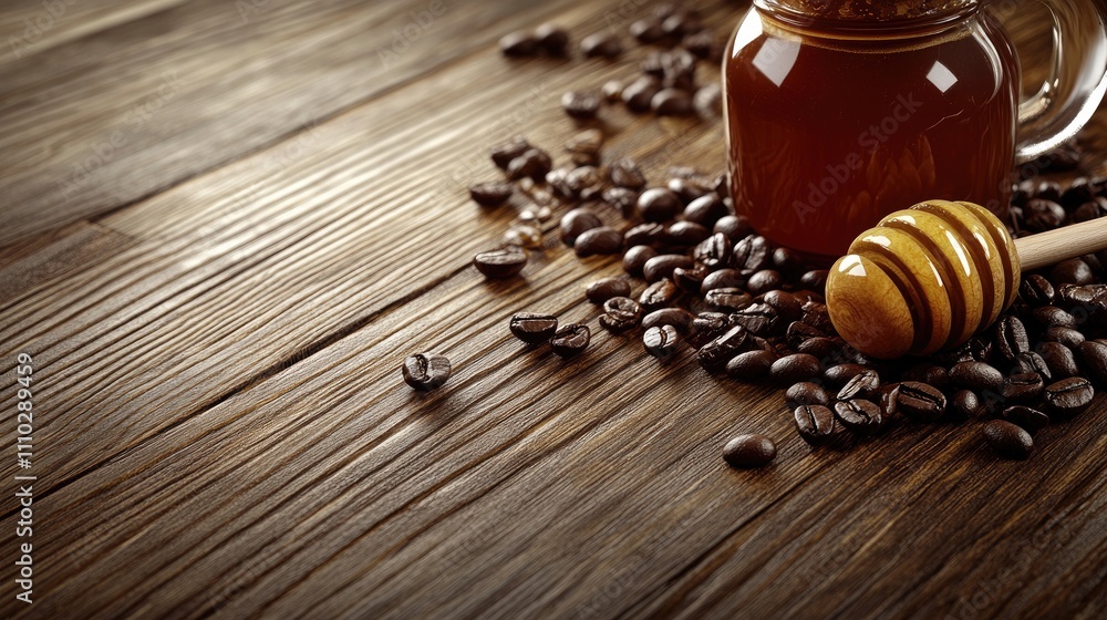 Poster honey and coffee beans arranged on rustic wooden surface creating a warm and inviting atmosphere for