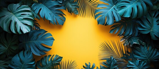 Naklejka premium Tropical vacation theme with vibrant yellow backdrop surrounded by lush green palm leaves ideal for summer promotions and text placement
