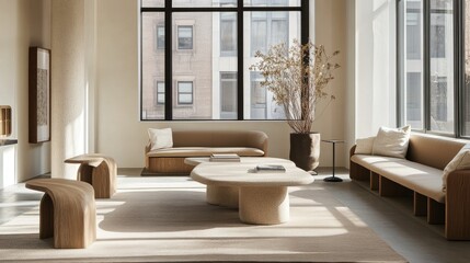 Collaborative workspace featuring stone-finish beige tables, cozy neutral seating, and large windows bringing in bright sunlight