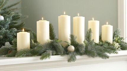 Elegant Candles Decorated with Greenery for Holidays