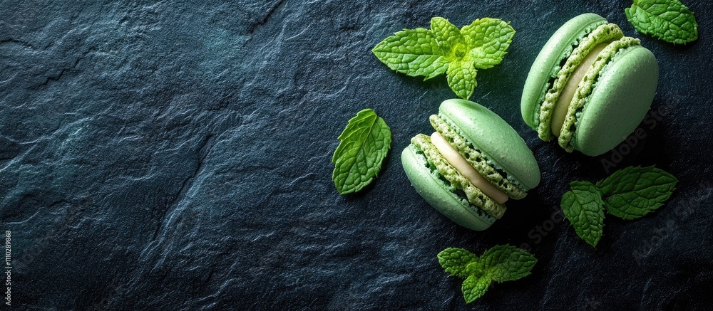 Poster mint macarons on a dark slate background with fresh mint leaves showcasing vibrant colors and ample 