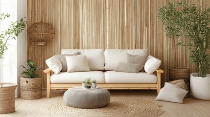 Japandi style room with minimal furniture, a light cream sofa, and a bamboo accent wall for texture