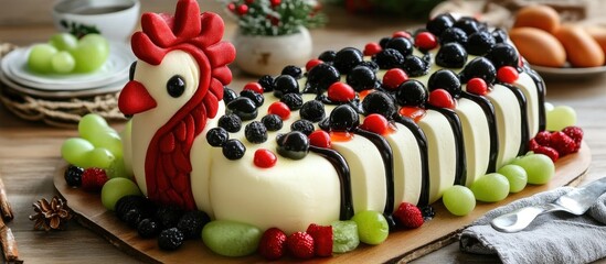 Festive Rooster Cake Decorated for Chinese New Year Celebration with Fresh Fruits and Creamy Toppings on Rustic Wooden Table Background