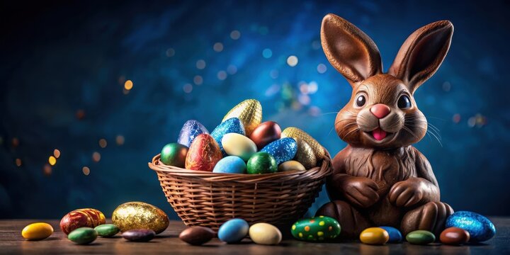 A whimsical chocolate bunny sits beside a basket overflowing with colorful Easter eggs, celebrating the joy and sweetness of the holiday.