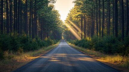 Straight asphalt road through dense pine forest at sunrise with sunlight filtering through trees