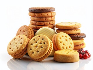 Delicious Sponge Biscuits and Cookies on a White Background Perfect for Food Photography and Baking Recipes with Copy Space for Text