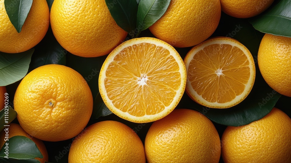 Poster fresh oranges whole and sliced on a dark background with green leaves displayed from a top view show