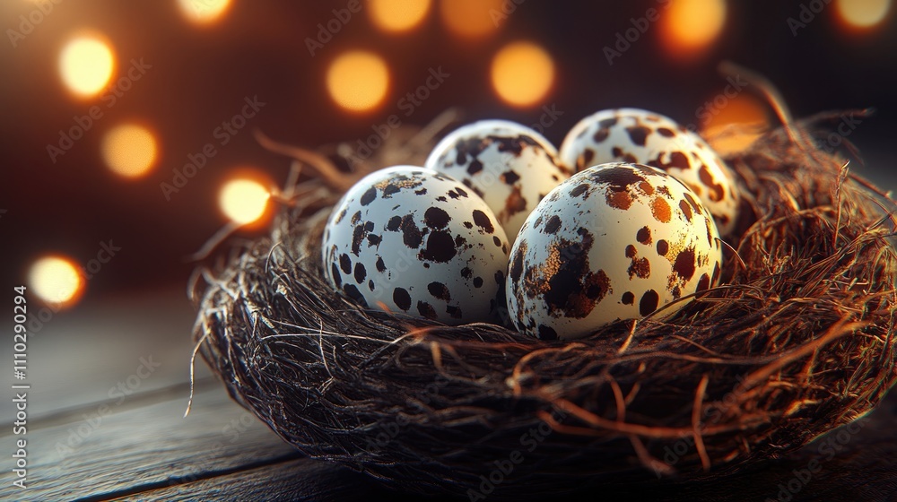 Poster nest filled with speckled easter eggs on a wooden table with a soft bokeh background creating a warm