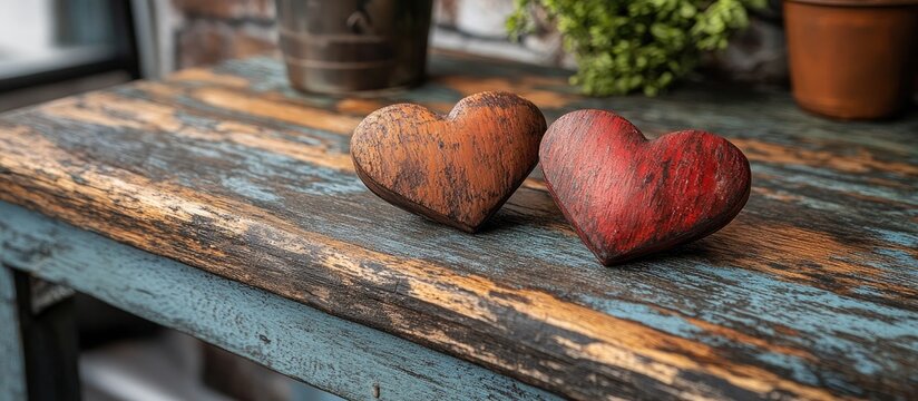 Two rustic wooden hearts on a distressed table symbolizing love and connection in a cozy setting