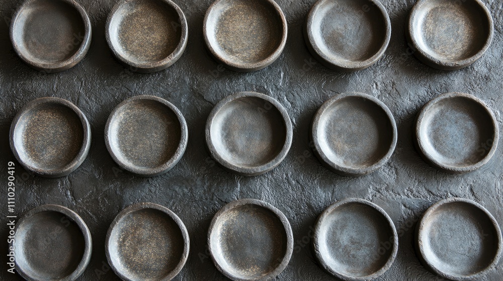 Poster handmade ceramic gray plates arranged on textured dark background top view flat lay with empty space