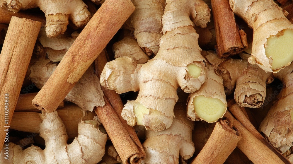 Poster overhead view of fresh ginger roots and cinnamon sticks arranged in a natural setting showcasing the