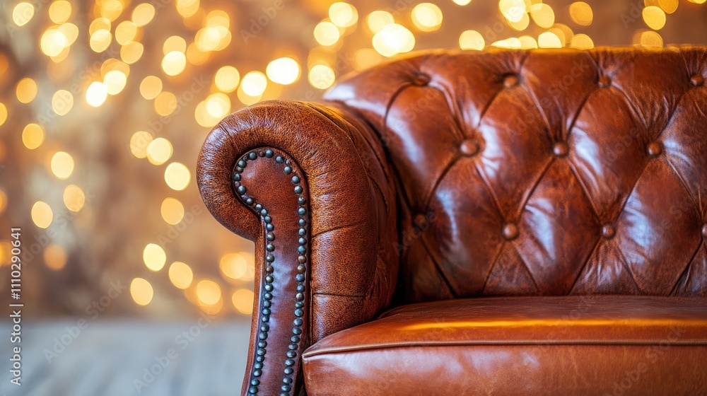 Poster leather chesterfield sofa with elegant bokeh lights creating a warm and inviting atmosphere for inte