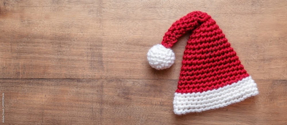 Aufkleber handmade crocheted santa hat on wooden table background with empty space for text in flat lay compos