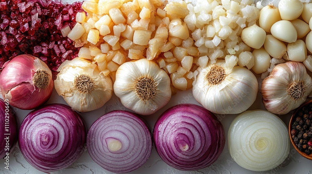 Poster fresh onions shallots and garlic arranged colorfully on a white background showcasing various shapes