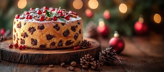 Traditional Christmas panettone adorned with berries and festive decorations on a rustic wooden table with a blurred holiday background