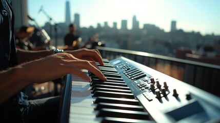 Close-up of hands dancing over piano keys, capturing the rhythm and emotion of the music. Silhouette of a jazz band performing on a rooftop at sunset, with city skyline in the distance.