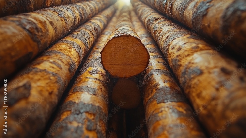 Poster timber logs stacked in a pattern viewed from below showcasing natural textures and lighting in a for