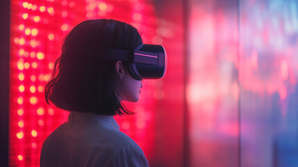 woman walking into a virtual world representing the metaverse with vibrant digital lights futuristic cityscapes and immersive elements symbolizing exploration technology and human curiosity