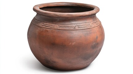 Handcrafted terracotta clay pot with intricate detailing against a clean white background ideal for artistic and decorative purposes