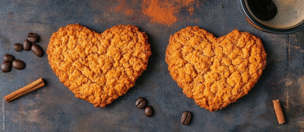 Aufkleber heart-shaped cookies with coffee and cinnamon on a rustic dark background creating a warm and inviti