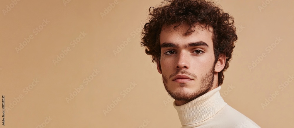 Poster handsome man with curly hair in a light turtleneck against a beige background showcasing a pleasant 