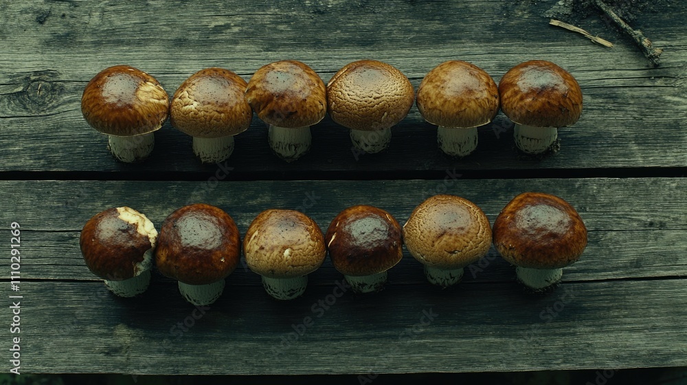 Poster fresh boletus mushrooms arranged on a rustic wooden surface with a dark background and ample space f