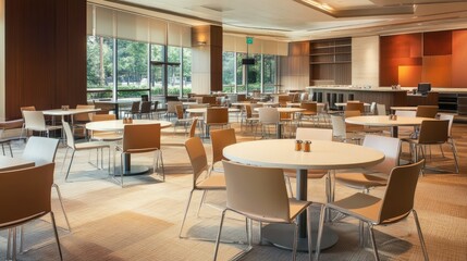 Open-plan meeting area with modular beige stone-finish tables, adjustable chairs, and a contemporary, airy ambiance