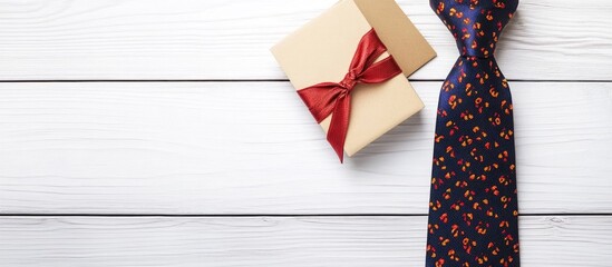 Obraz premium Male necktie gift box and greeting card display on white wooden table for special occasions like Father's Day or birthdays