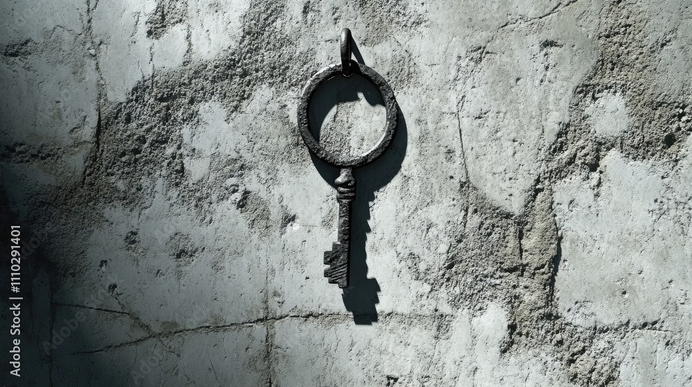 Poster vintage keychain hanging from a nail on textured wall with shadows creating an atmospheric and rusti