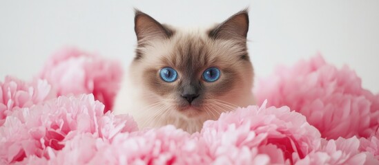 Portrait of a blue eyed cat surrounded by peony flowers ideal for pet care marketing and kitten greeting card designs