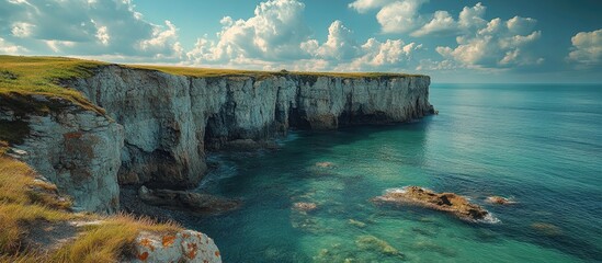 Scenic coastal headland with dramatic cliffs and tranquil waters under a cloudy sky