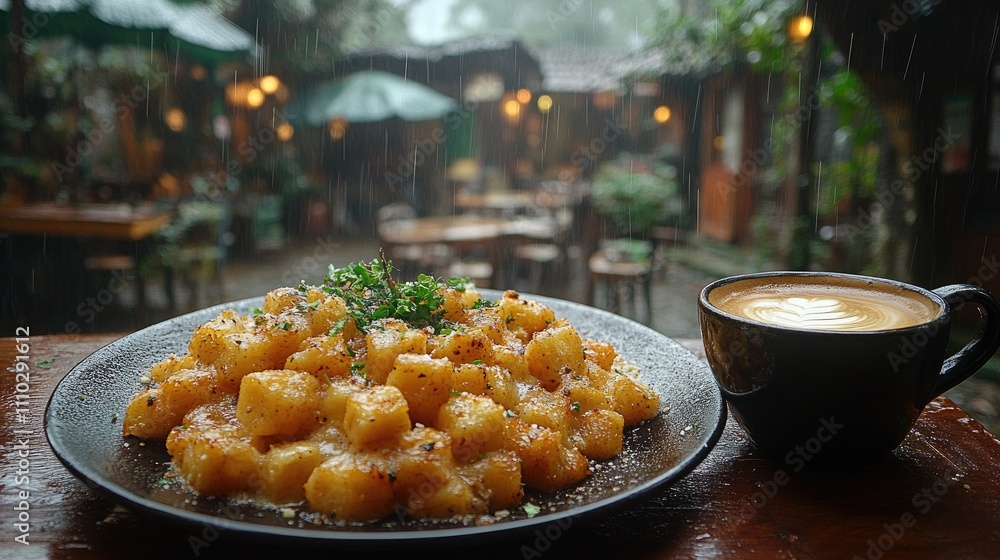 Aufkleber coffee and fried cassava topped with cheese served on a rustic table in a cozy rainy cafã© setting